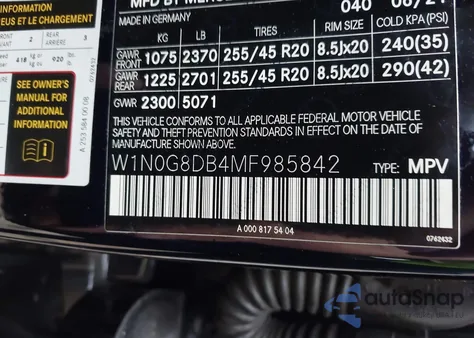 2021 Mercedes-Benz Glc 300 Suv из США, поврежденный, VIN W1N0G8DB4MF985842